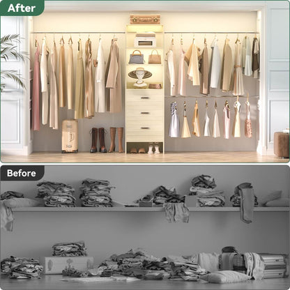 96 Inch Closet Organizer System with 3 Drawers & Hanging Rods, 5-8FT Adjustable