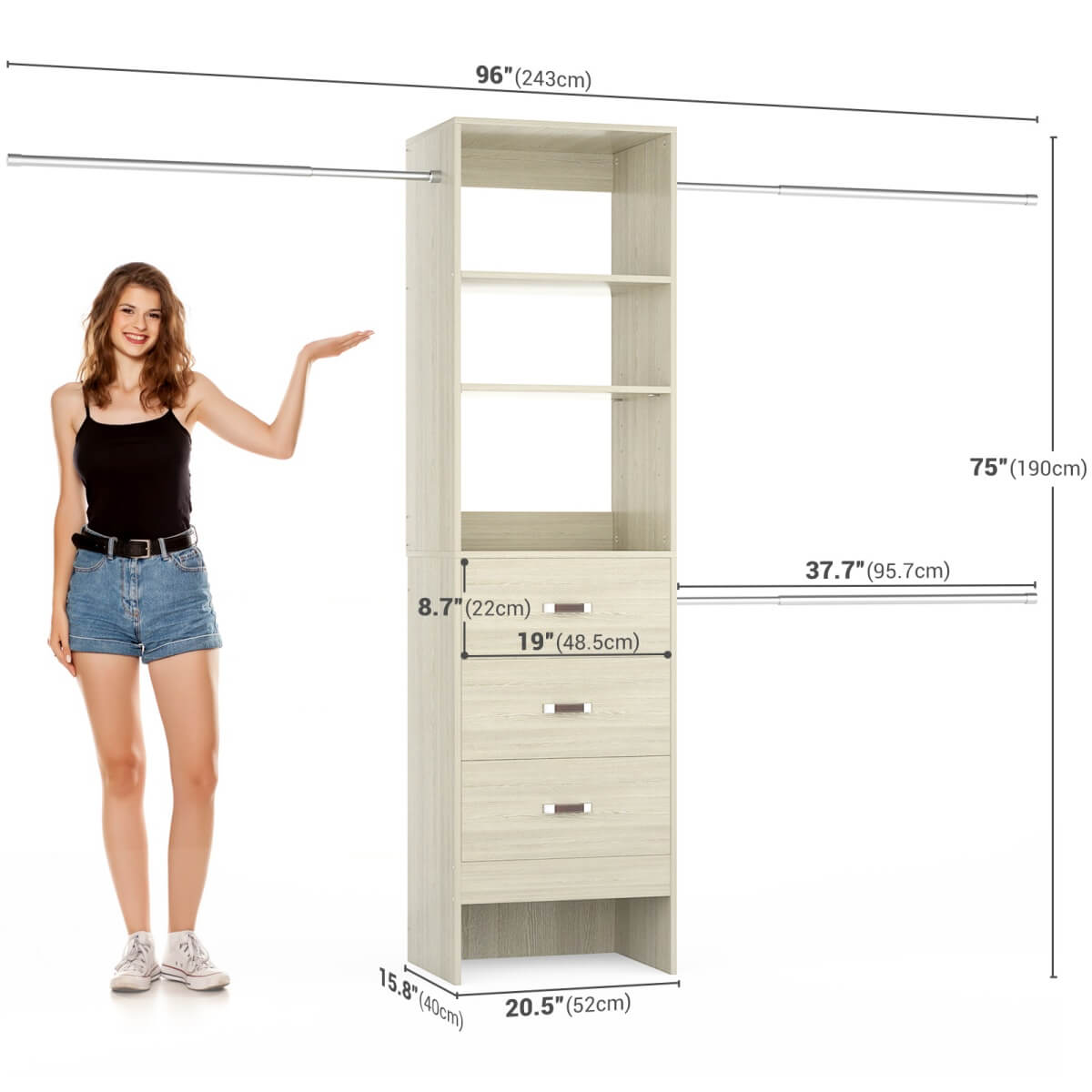 96 Inch Closet Organizer System with 3 Drawers & Hanging Rods, 5-8FT Adjustable
