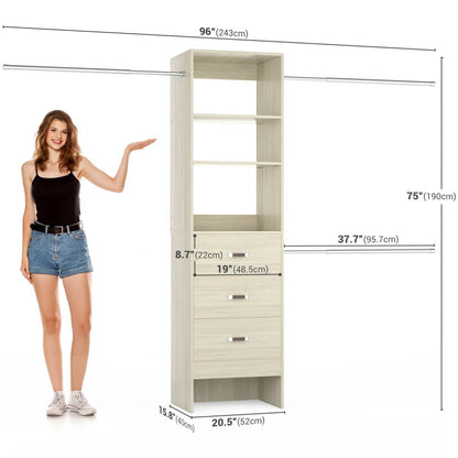 96 Inch Closet Organizer System with 3 Drawers & Hanging Rods, 5-8FT Adjustable