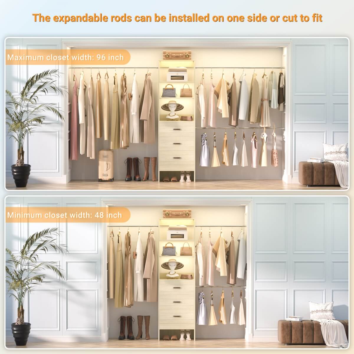 96 Inch Closet Organizer System with 3 Drawers & Hanging Rods, 5-8FT Adjustable