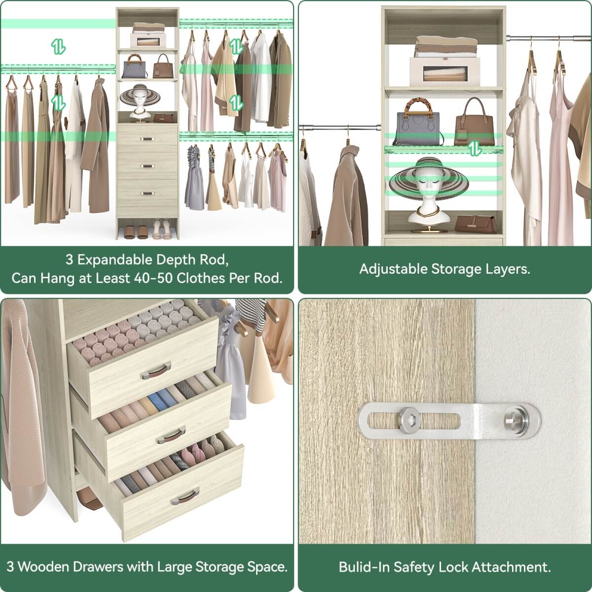 96 Inch Closet Organizer System with 3 Drawers & Hanging Rods, 5-8FT Adjustable