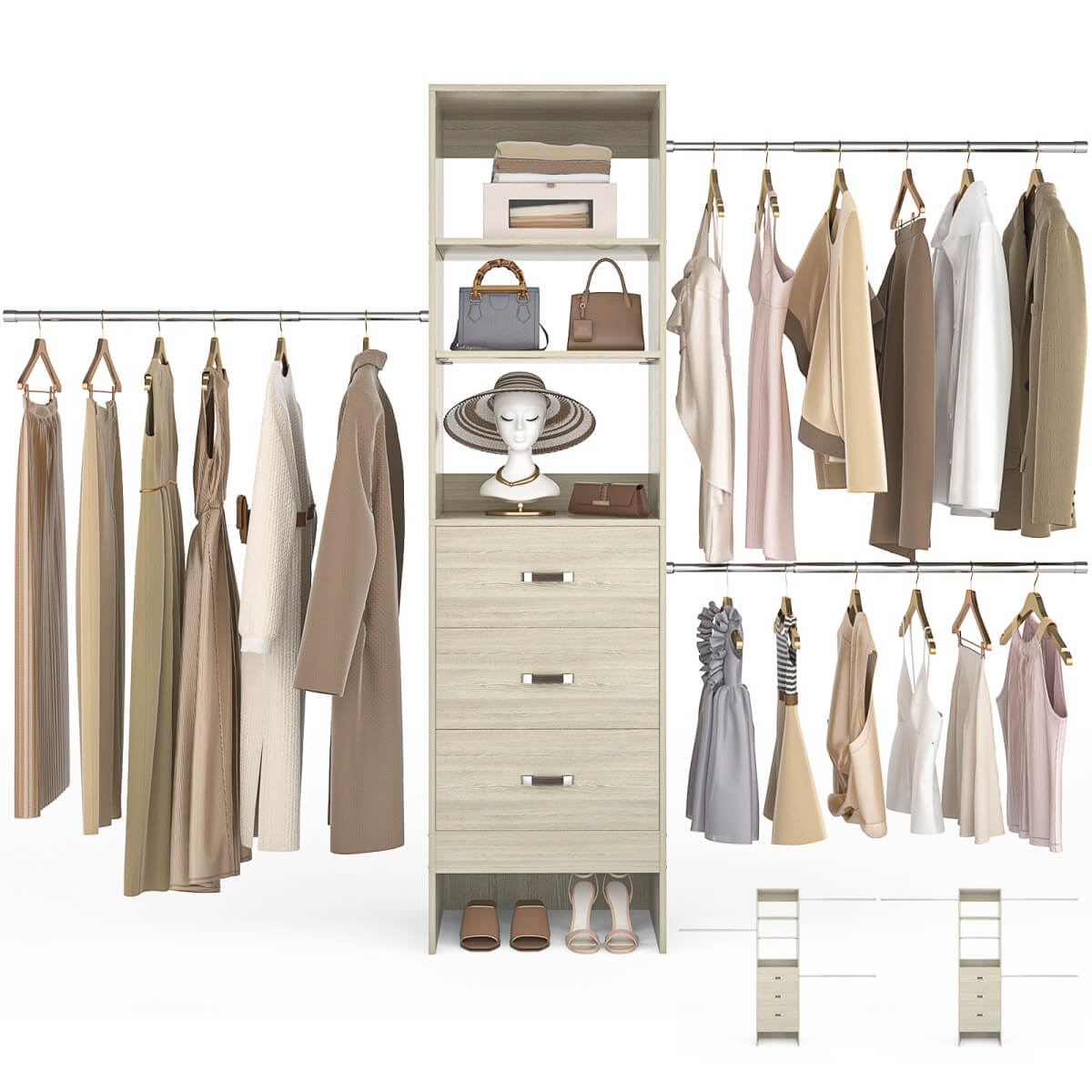 96 Inch Closet Organizer System with 3 Drawers & Hanging Rods, 5-8FT Adjustable