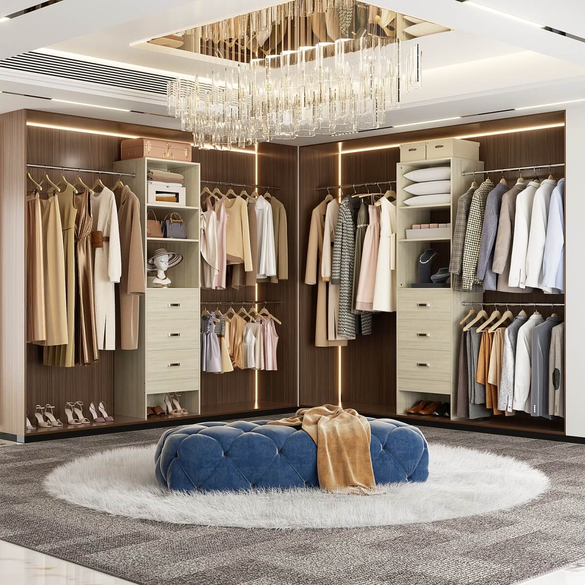 96 Inch Closet Organizer System with 3 Drawers & Hanging Rods, 5-8FT Adjustable