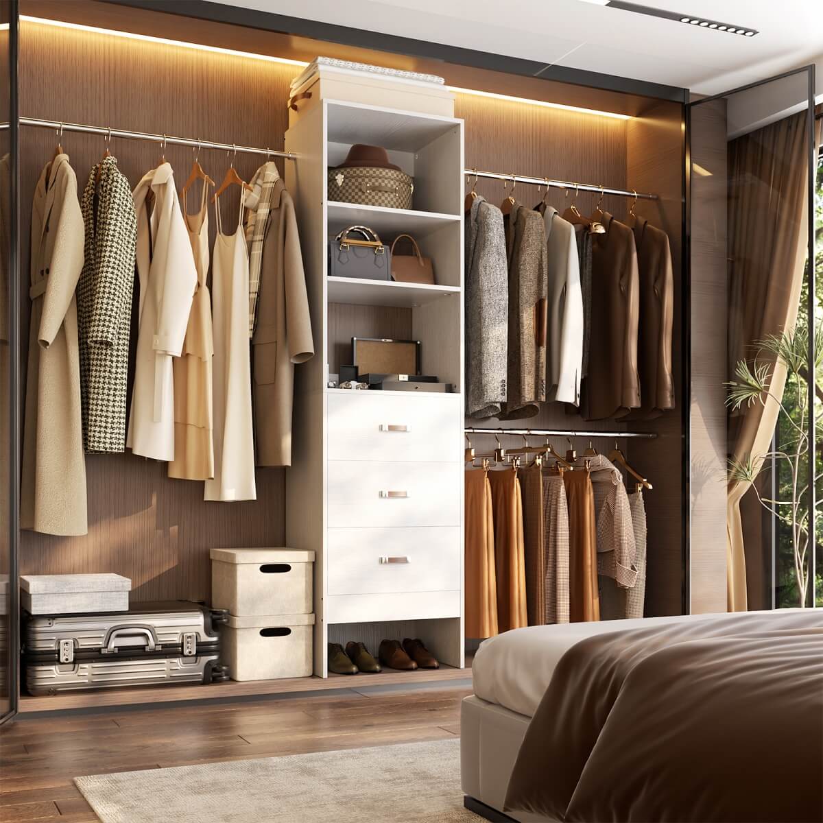 96 Inch Closet Organizer System with 3 Drawers & Hanging Rods, 5-8FT Adjustable