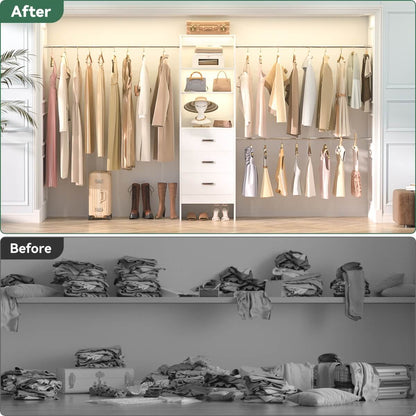 96 Inch Closet Organizer System with 3 Drawers & Hanging Rods, 5-8FT Adjustable
