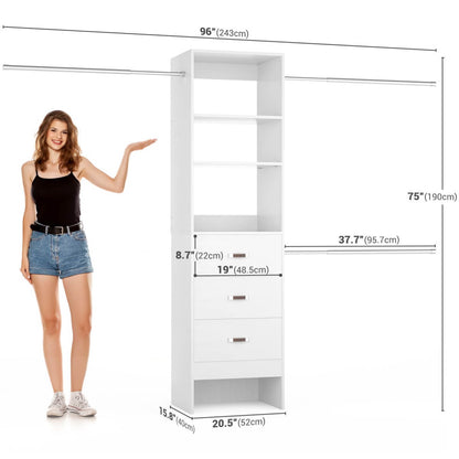 96 Inch Closet Organizer System with 3 Drawers & Hanging Rods, 5-8FT Adjustable