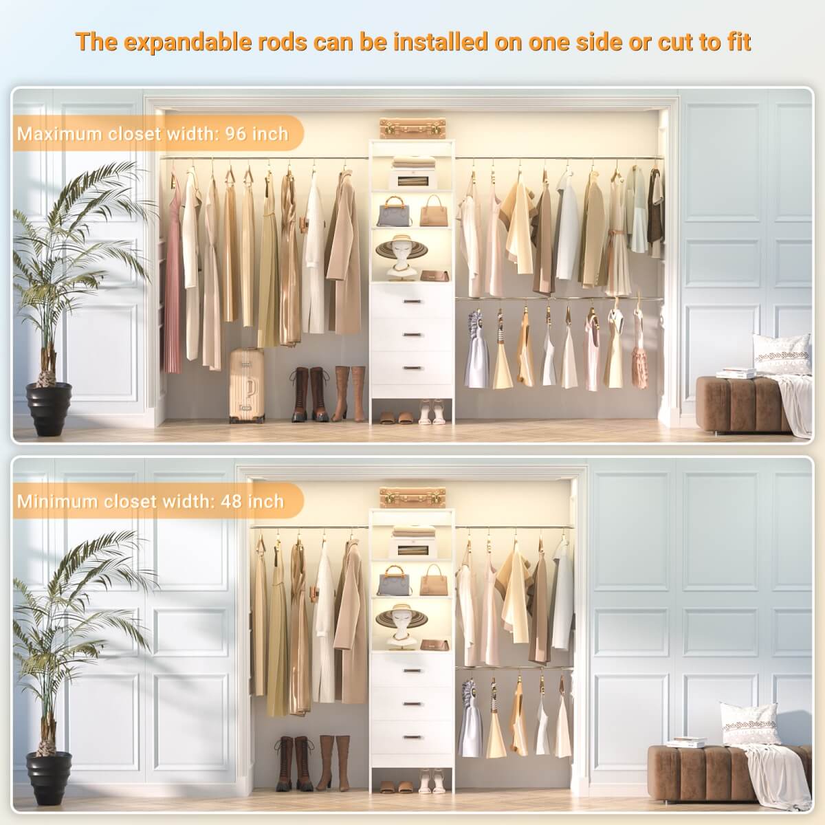 96 Inch Closet Organizer System with 3 Drawers & Hanging Rods, 5-8FT Adjustable