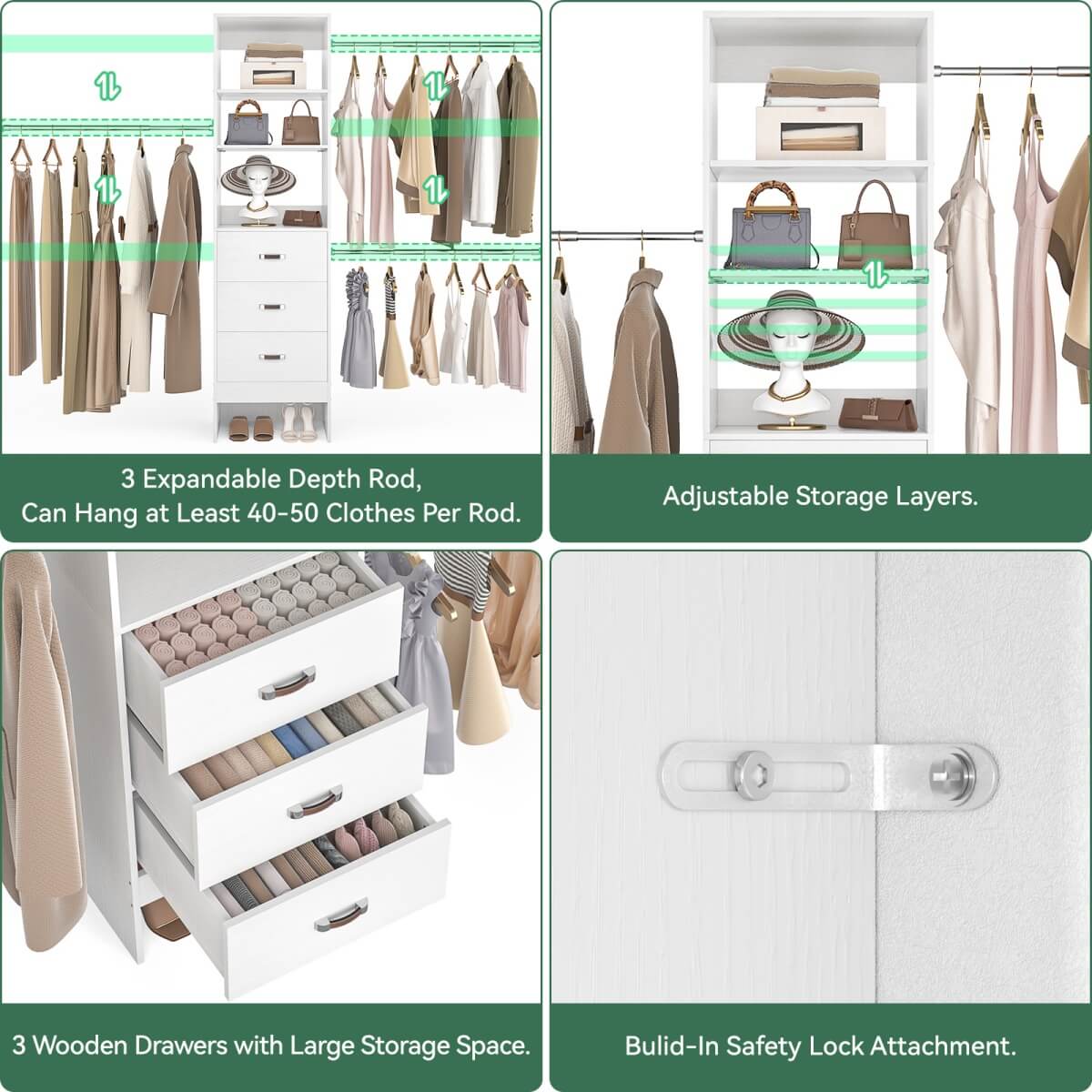 96 Inch Closet Organizer System with 3 Drawers & Hanging Rods, 5-8FT Adjustable