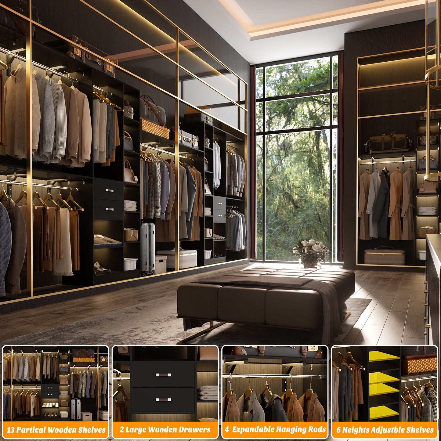 8FT Heavy Duty Wood Closet System, 1500 LBS+ Capacity Wall Mounted Walk-in Closet Organizer