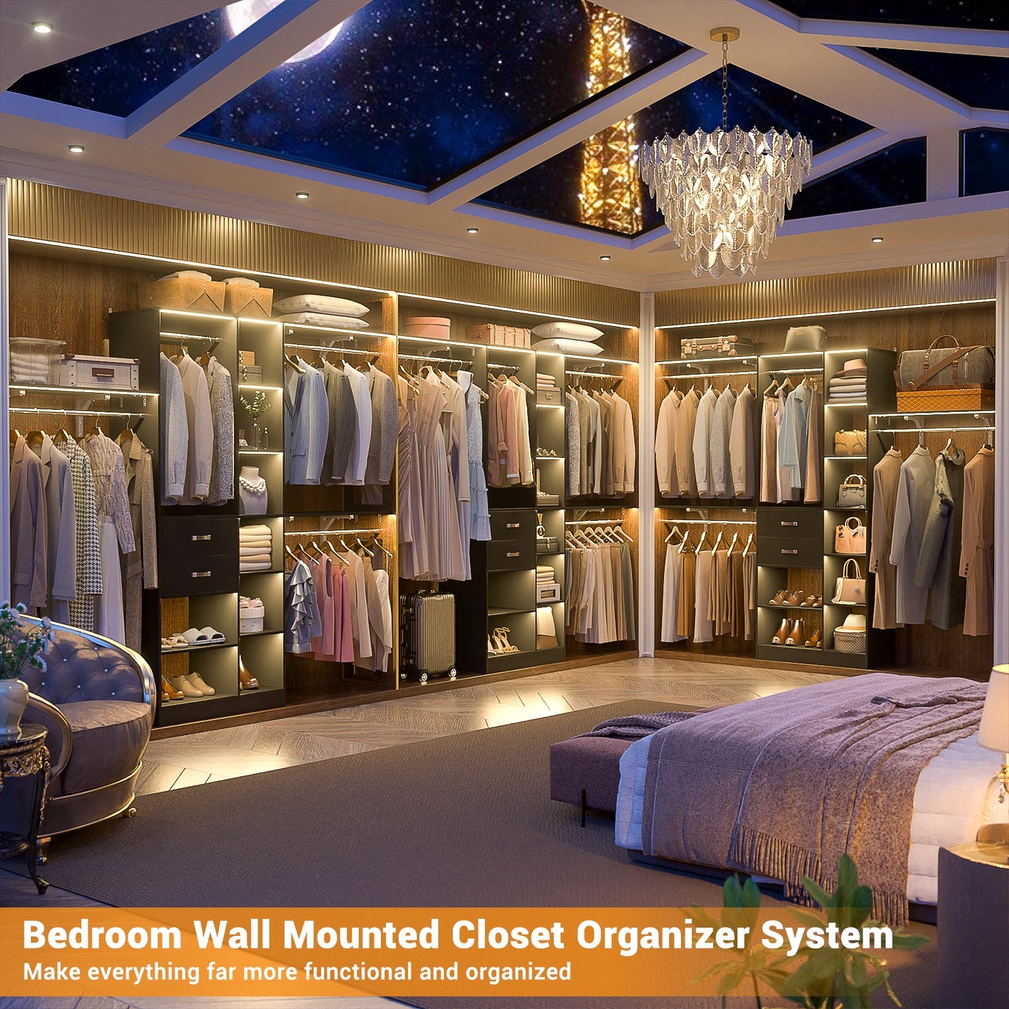 8FT Heavy Duty Wood Closet System, 1500 LBS+ Capacity Wall Mounted Walk-in Closet Organizer