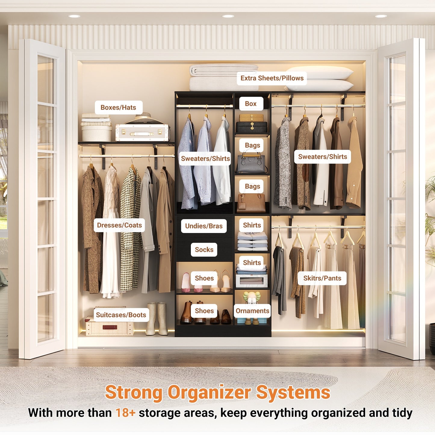 8FT Heavy Duty Wood Closet System, 1500 LBS+ Capacity Wall Mounted Walk-in Closet Organizer