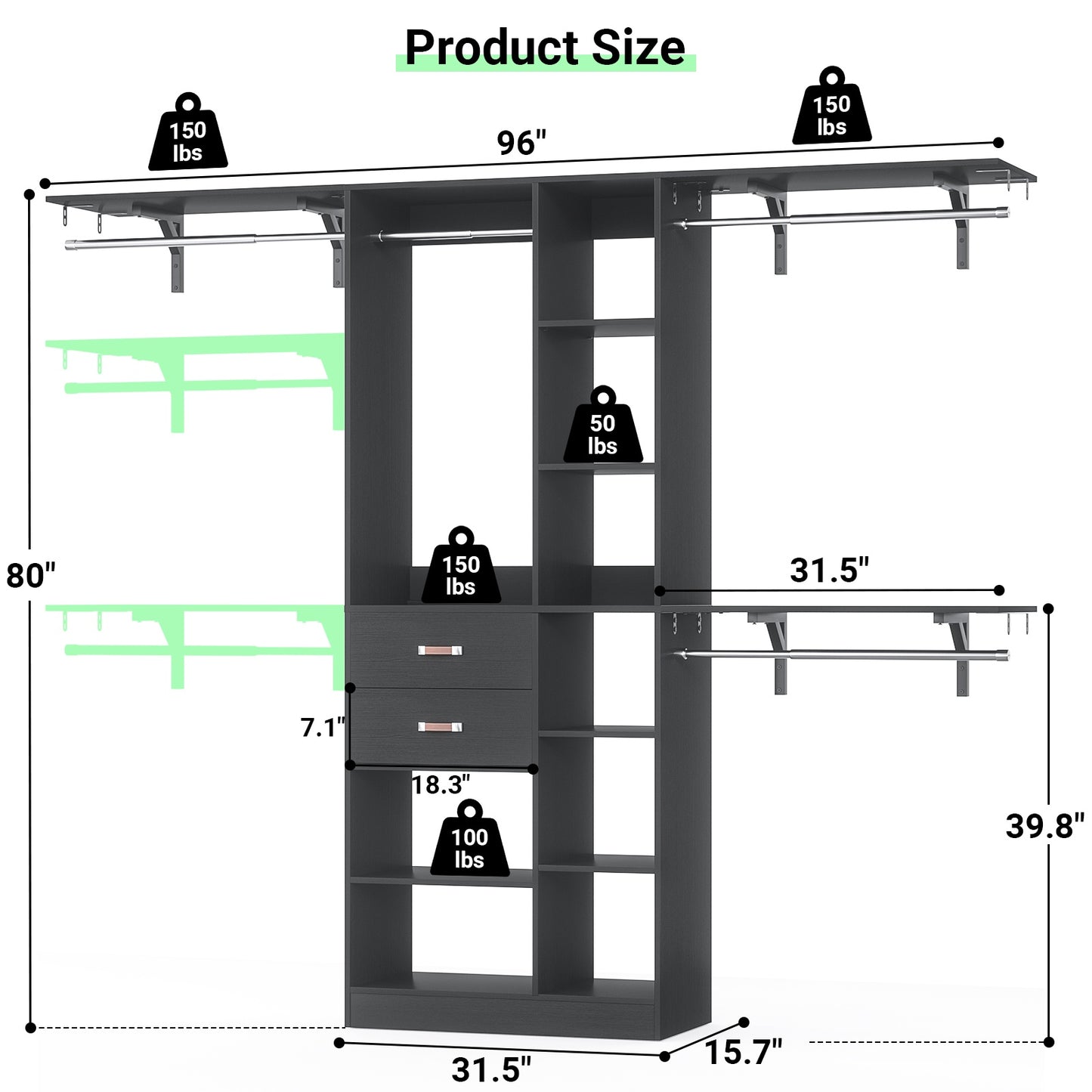 8FT Heavy Duty Wood Closet System, 1500 LBS+ Capacity Wall Mounted Walk-in Closet Organizer