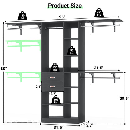 8FT Heavy Duty Wood Closet System, 1500 LBS+ Capacity Wall Mounted Walk-in Closet Organizer
