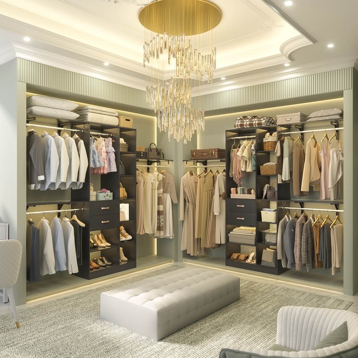 96 Inch Wooden Closet Organizer System with Drawers, Hanging Rods, and Partition Storage Spaces