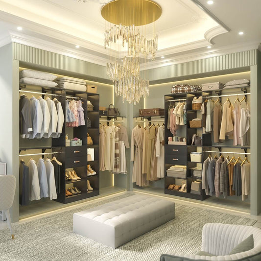 96 Inch Wooden Closet Organizer System with Drawers, Hanging Rods, and Partition Storage Spaces