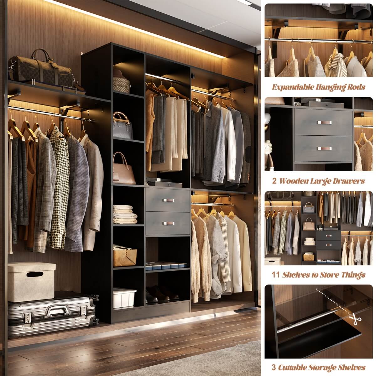 96 Inch Wooden Closet Organizer System with Drawers, Hanging Rods, and Partition Storage Spaces