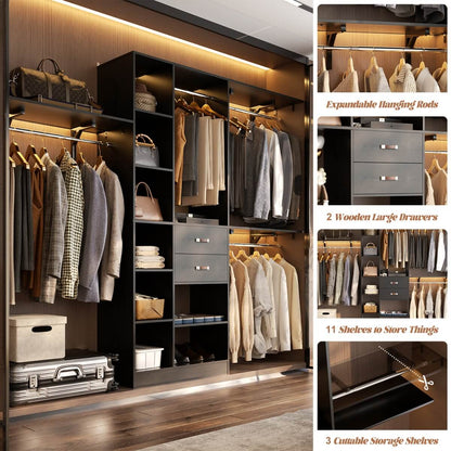 96 Inch Wooden Closet Organizer System with Drawers, Hanging Rods, and Partition Storage Spaces