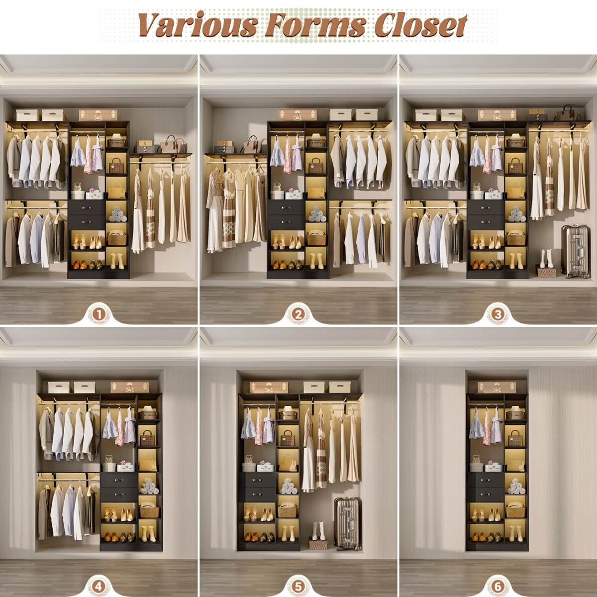 96 Inch Wooden Closet Organizer System with Drawers, Hanging Rods, and Partition Storage Spaces