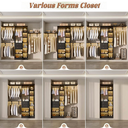 96 Inch Wooden Closet Organizer System with Drawers, Hanging Rods, and Partition Storage Spaces