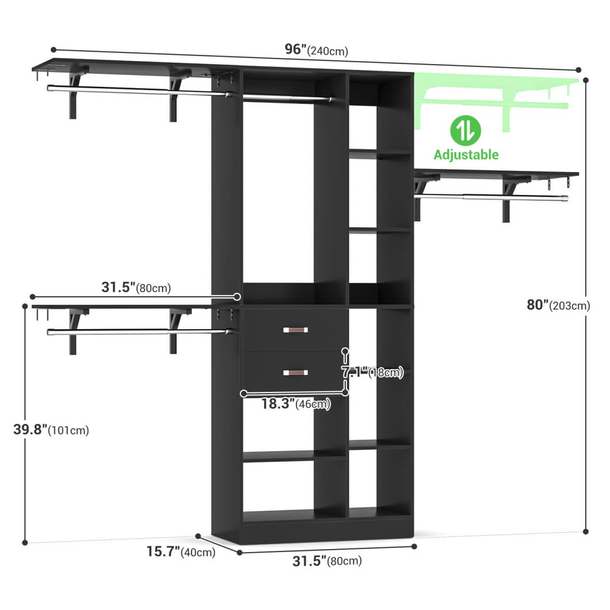 96 Inch Wooden Closet Organizer System with Drawers, Hanging Rods, and Partition Storage Spaces