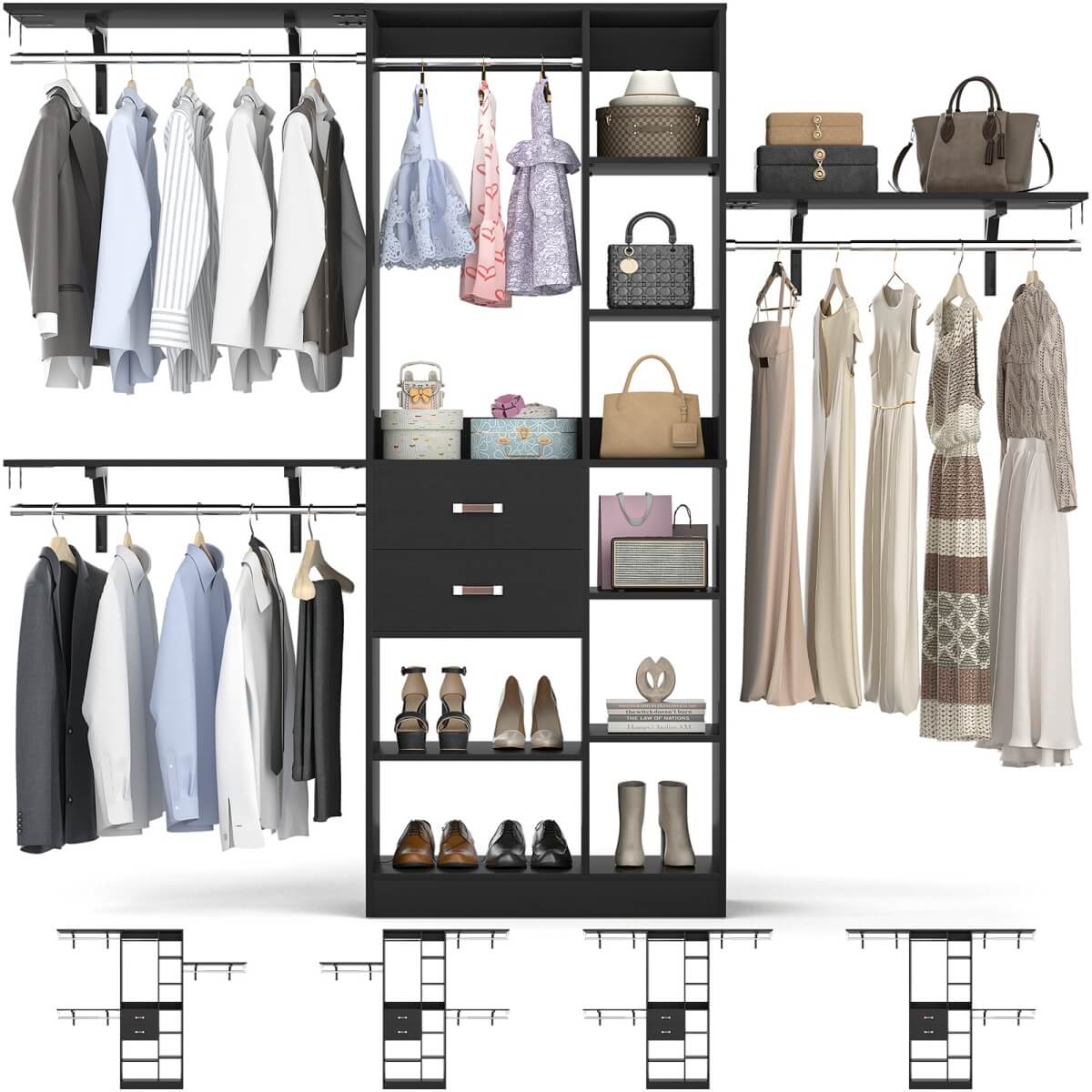 96 Inch Wooden Closet Organizer System with Drawers, Hanging Rods, and Partition Storage Spaces