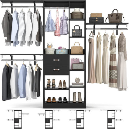 96 Inch Wooden Closet Organizer System with Drawers, Hanging Rods, and Partition Storage Spaces