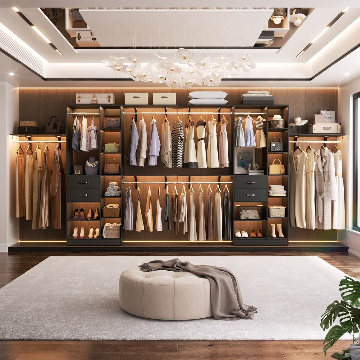 96 Inch Wooden Closet Organizer System with Drawers, Hanging Rods, and Partition Storage Spaces