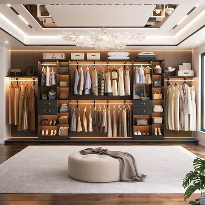 96 Inch Wooden Closet Organizer System with Drawers, Hanging Rods, and Partition Storage Spaces