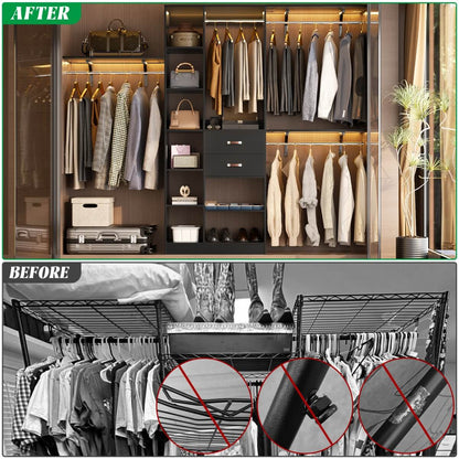 96 Inch Wooden Closet Organizer System with Drawers, Hanging Rods, and Partition Storage Spaces