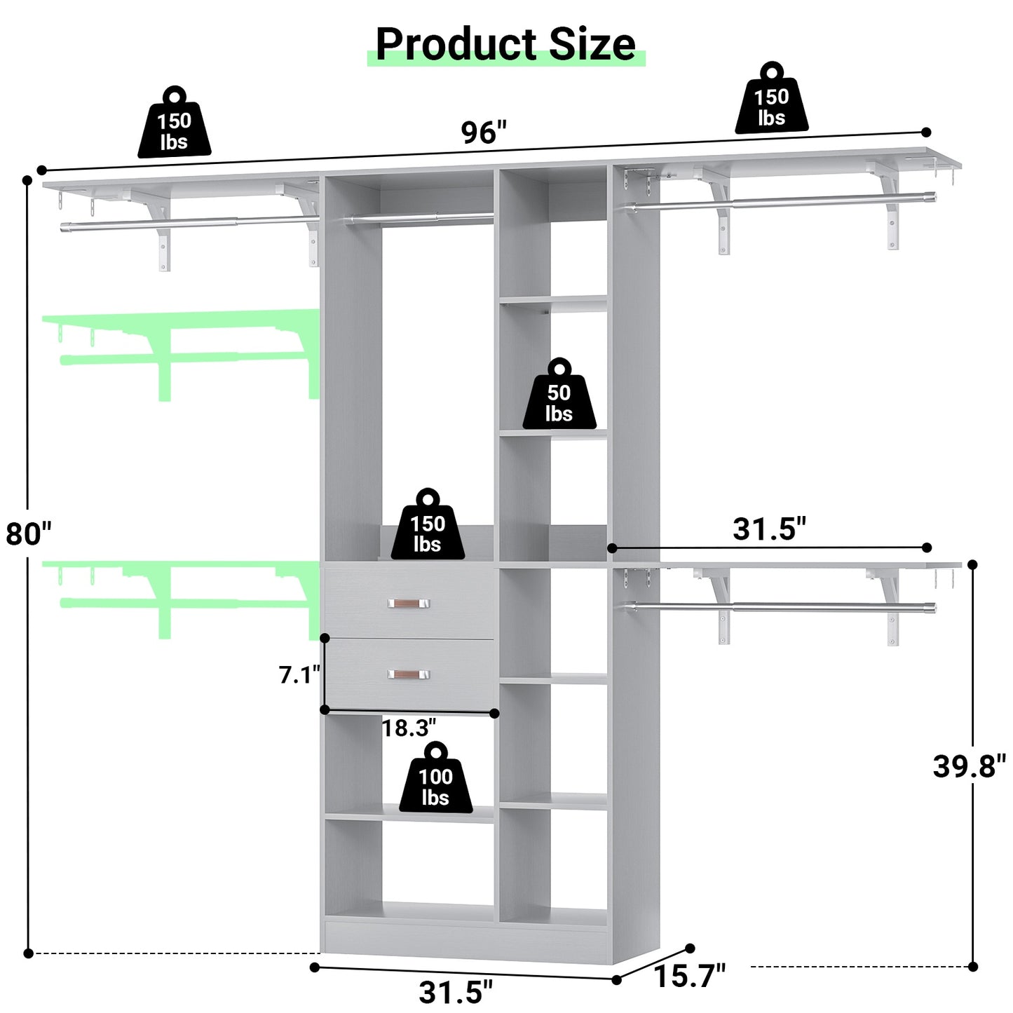 8FT Heavy Duty Wood Closet System, 1500 LBS+ Capacity Wall Mounted Walk-in Closet Organizer
