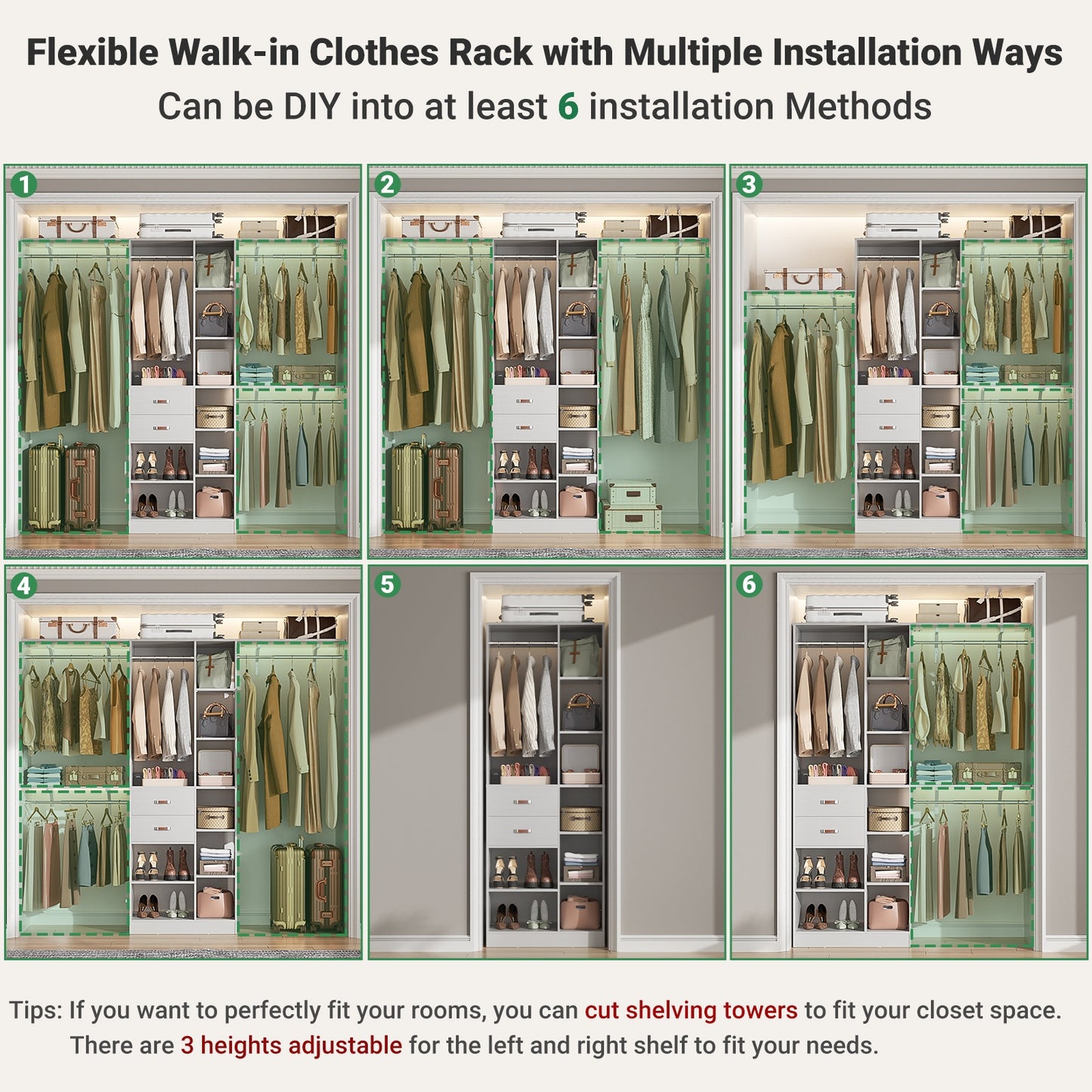 8FT Heavy Duty Wood Closet System, 1500 LBS+ Capacity Wall Mounted Walk-in Closet Organizer