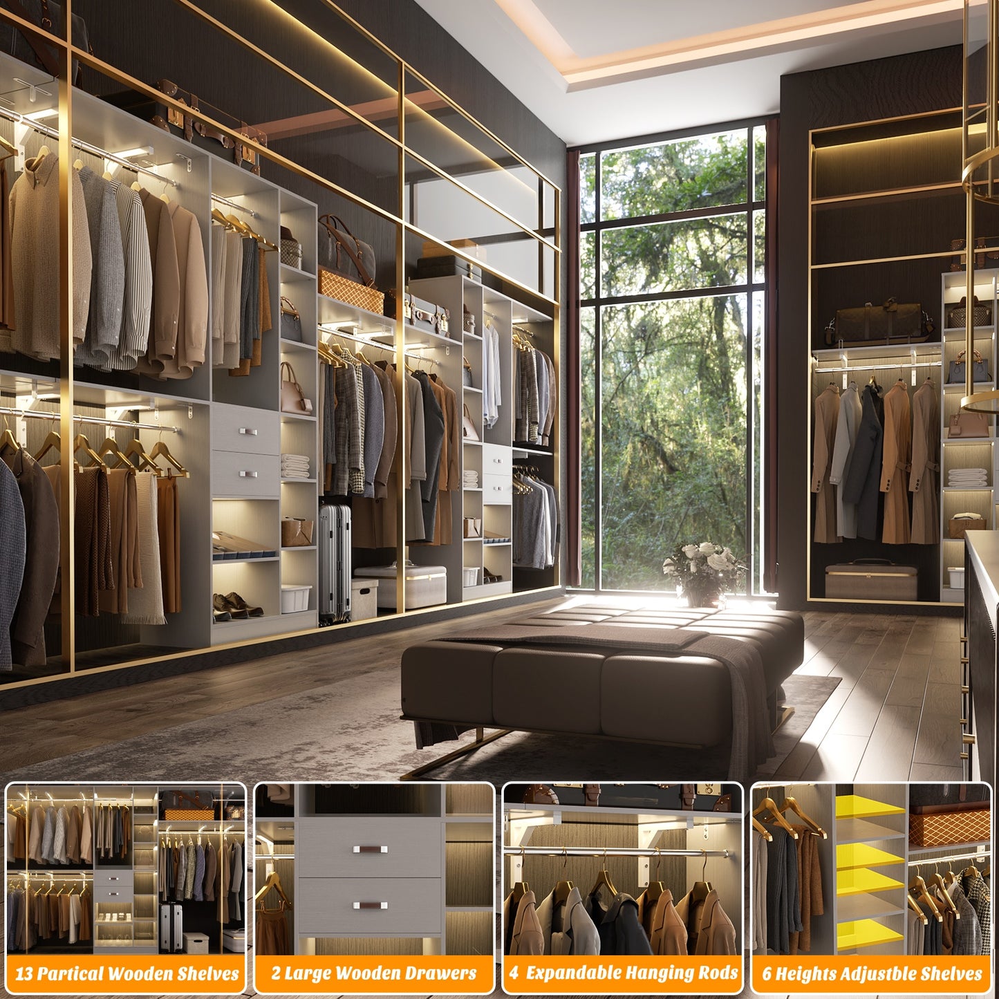 8FT Heavy Duty Wood Closet System, 1500 LBS+ Capacity Wall Mounted Walk-in Closet Organizer