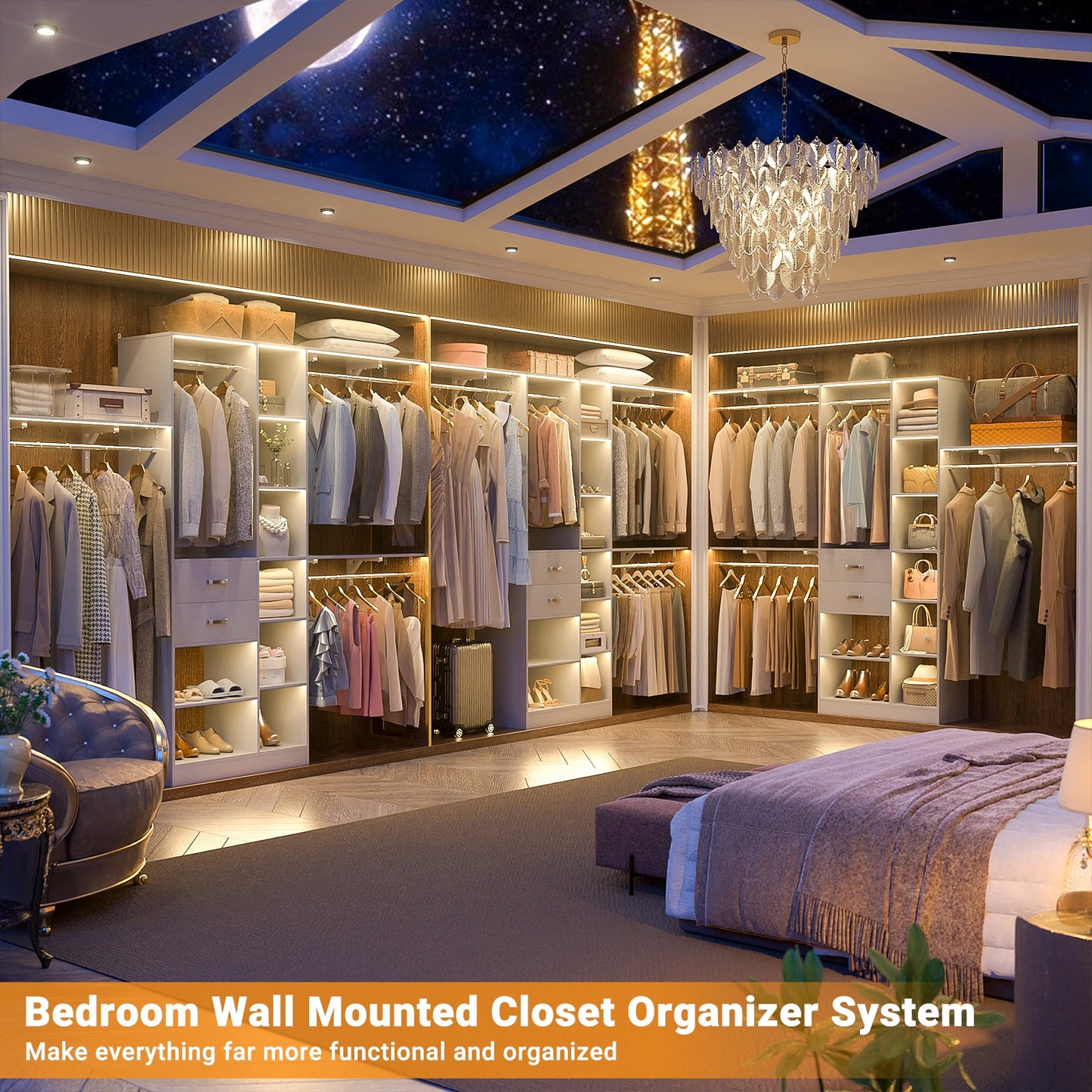 8FT Heavy Duty Wood Closet System, 1500 LBS+ Capacity Wall Mounted Walk-in Closet Organizer