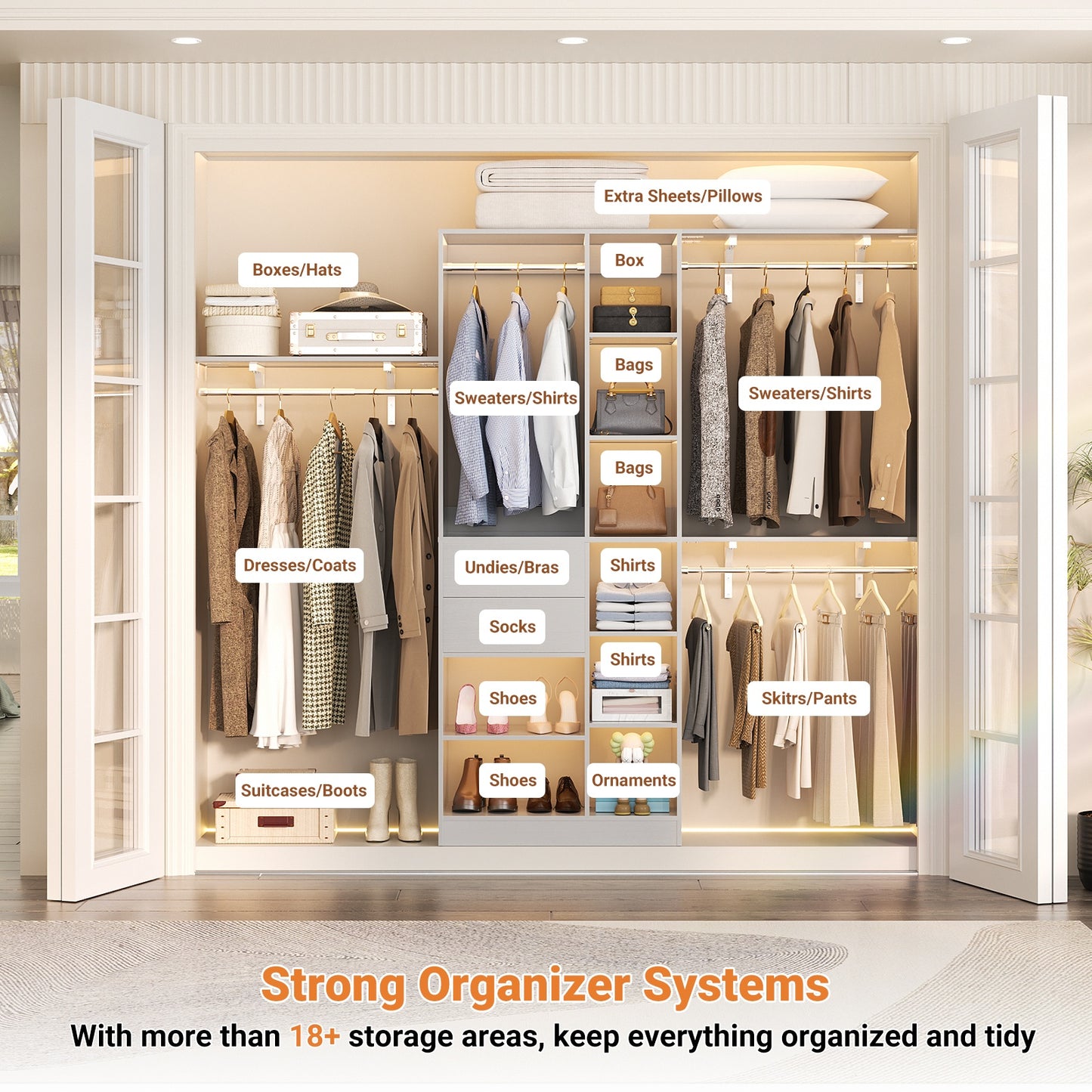 8FT Heavy Duty Wood Closet System, 1500 LBS+ Capacity Wall Mounted Walk-in Closet Organizer
