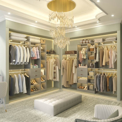 96 Inch Wooden Closet Organizer System with Drawers, Hanging Rods, and Partition Storage Spaces