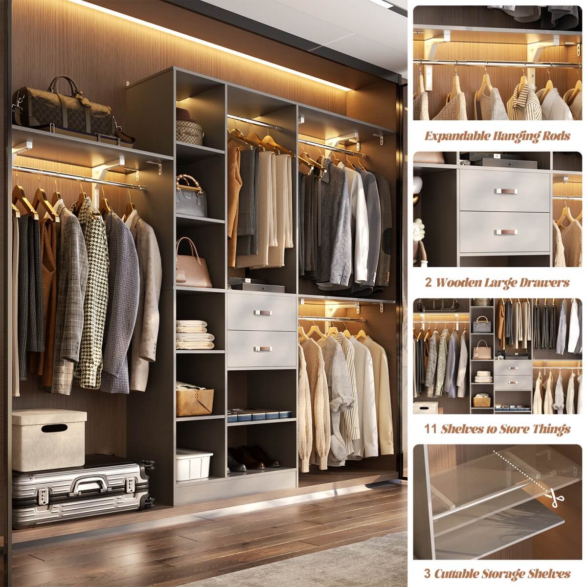 96 Inch Wooden Closet Organizer System with Drawers, Hanging Rods, and Partition Storage Spaces