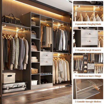 96 Inch Wooden Closet Organizer System with Drawers, Hanging Rods, and Partition Storage Spaces