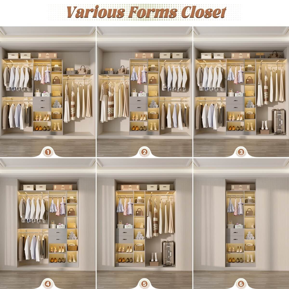 96 Inch Wooden Closet Organizer System with Drawers, Hanging Rods, and Partition Storage Spaces