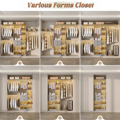 96 Inch Wooden Closet Organizer System with Drawers, Hanging Rods, and Partition Storage Spaces