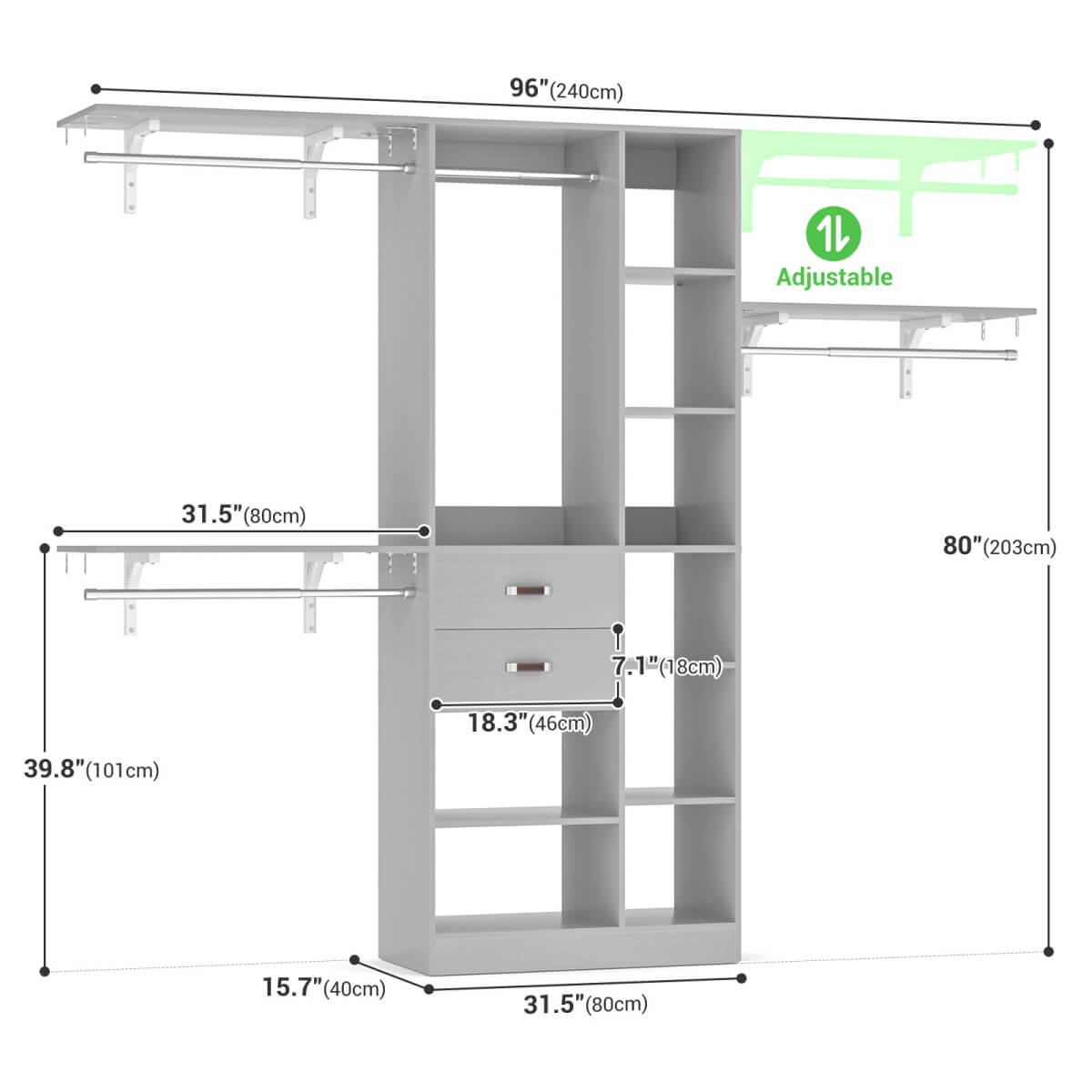 96 Inch Wooden Closet Organizer System with Drawers, Hanging Rods, and Partition Storage Spaces