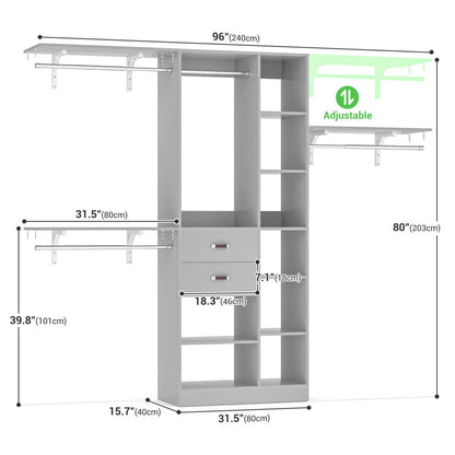 96 Inch Wooden Closet Organizer System with Drawers, Hanging Rods, and Partition Storage Spaces