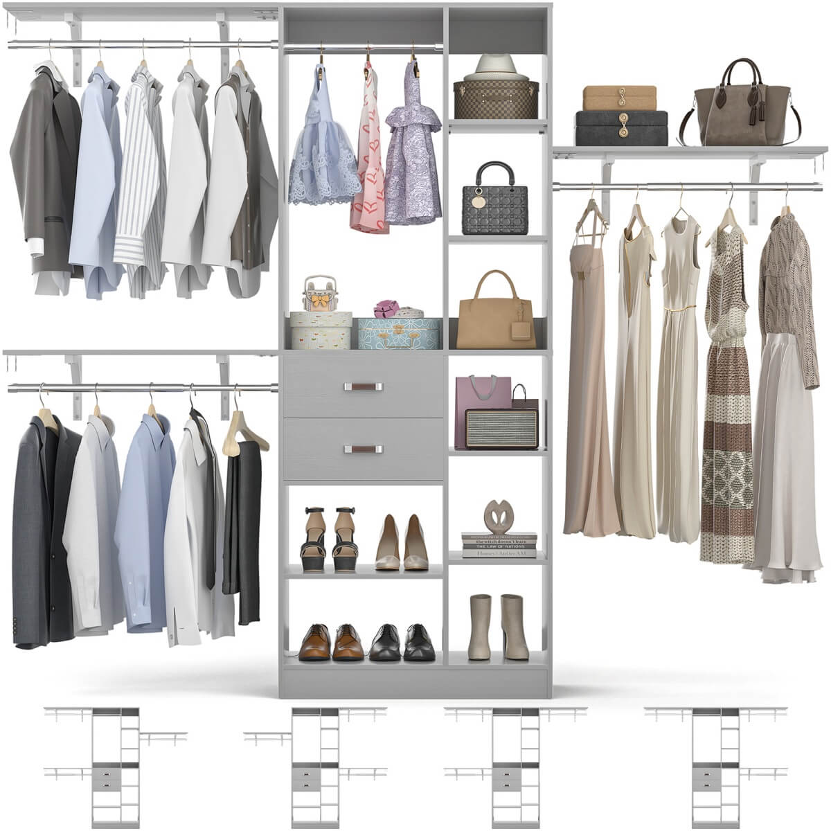 96 Inch Wooden Closet Organizer System with Drawers, Hanging Rods, and Partition Storage Spaces