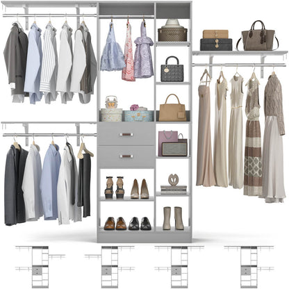 96 Inch Wooden Closet Organizer System with Drawers, Hanging Rods, and Partition Storage Spaces