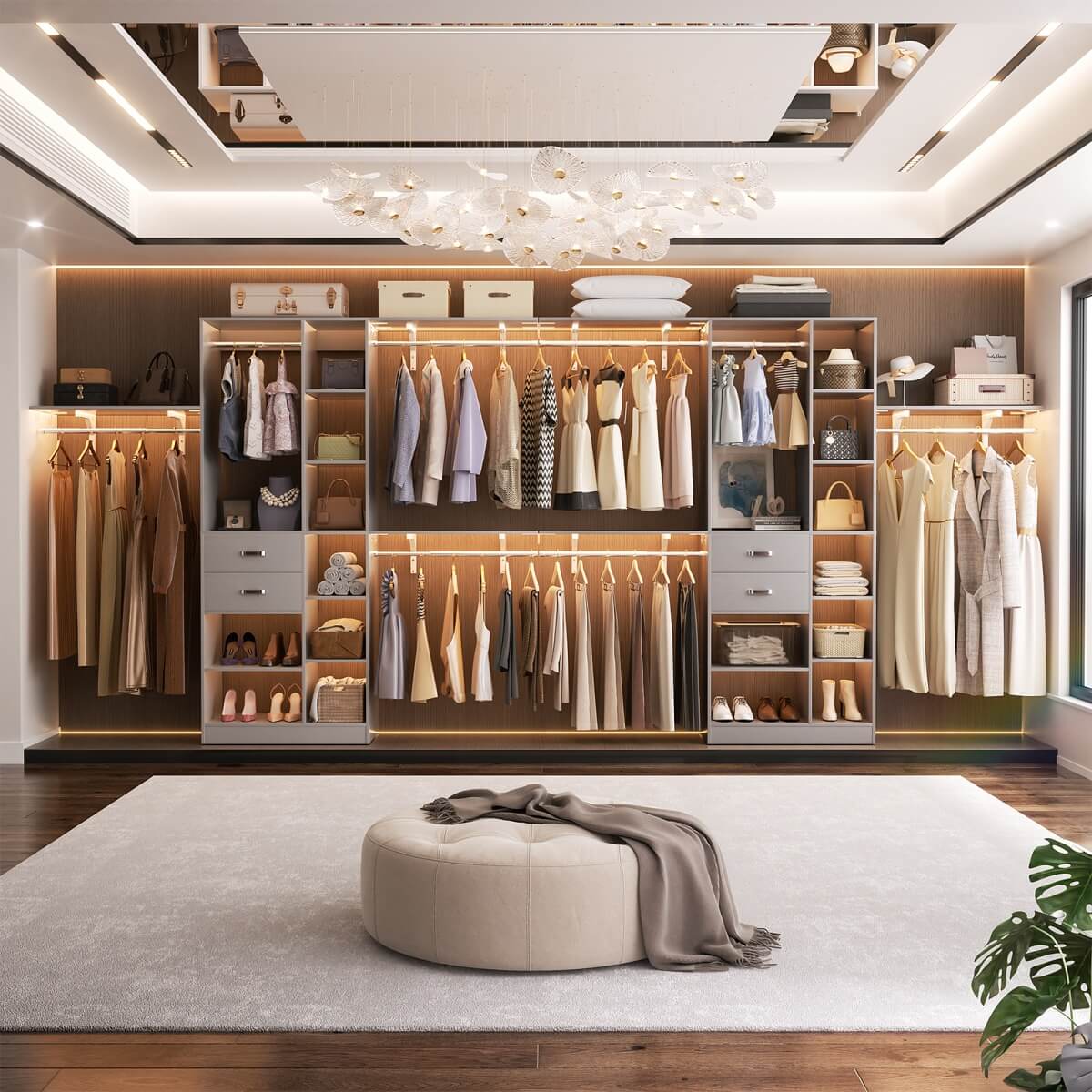 96 Inch Wooden Closet Organizer System with Drawers, Hanging Rods, and Partition Storage Spaces