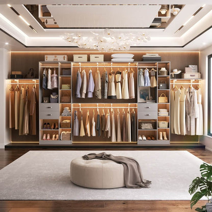 96 Inch Wooden Closet Organizer System with Drawers, Hanging Rods, and Partition Storage Spaces