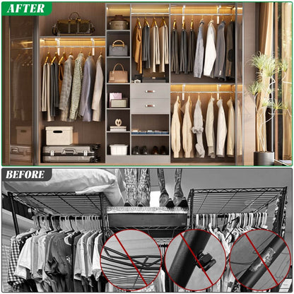 96 Inch Wooden Closet Organizer System with Drawers, Hanging Rods, and Partition Storage Spaces