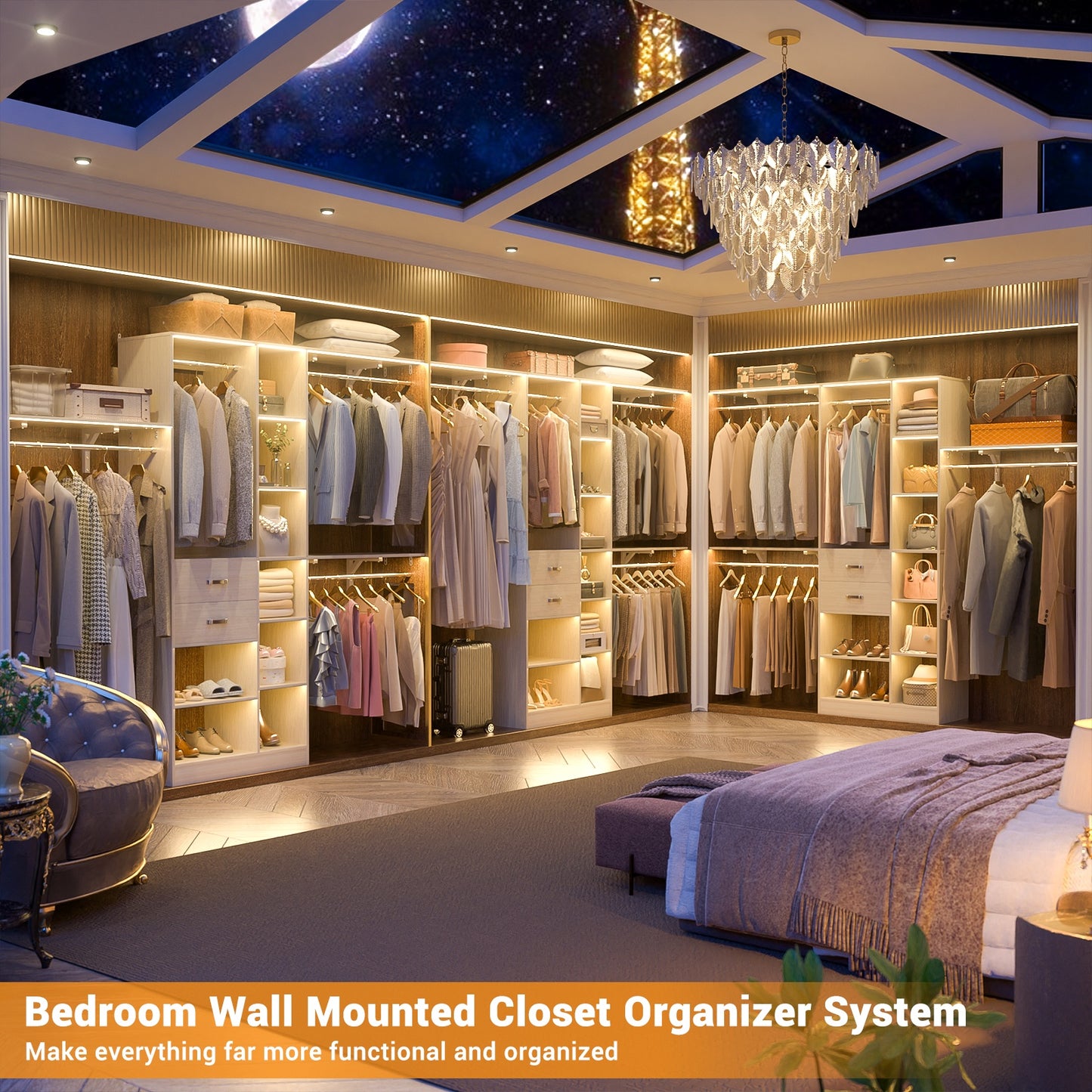 8FT Heavy Duty Wood Closet System, 1500 LBS+ Capacity Wall Mounted Walk-in Closet Organizer