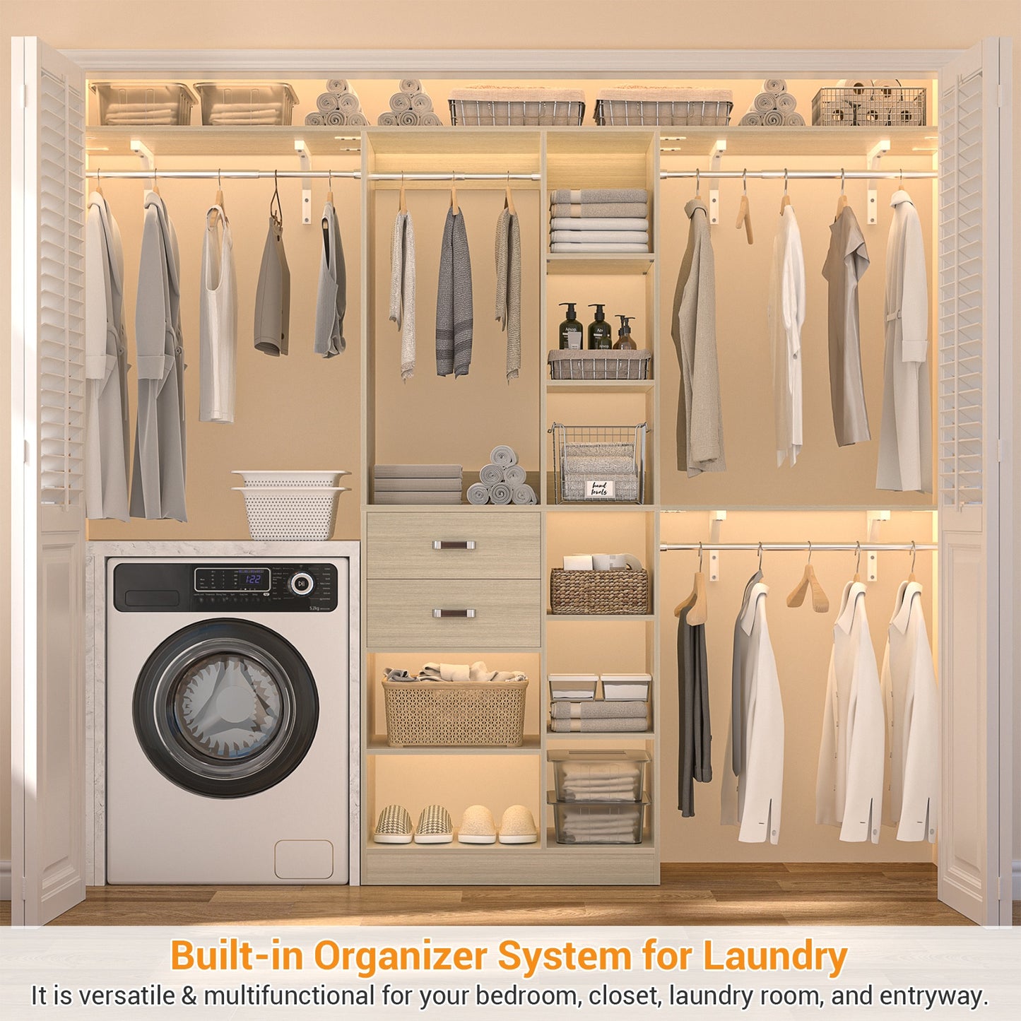 8FT Heavy Duty Wood Closet System, 1500 LBS+ Capacity Wall Mounted Walk-in Closet Organizer