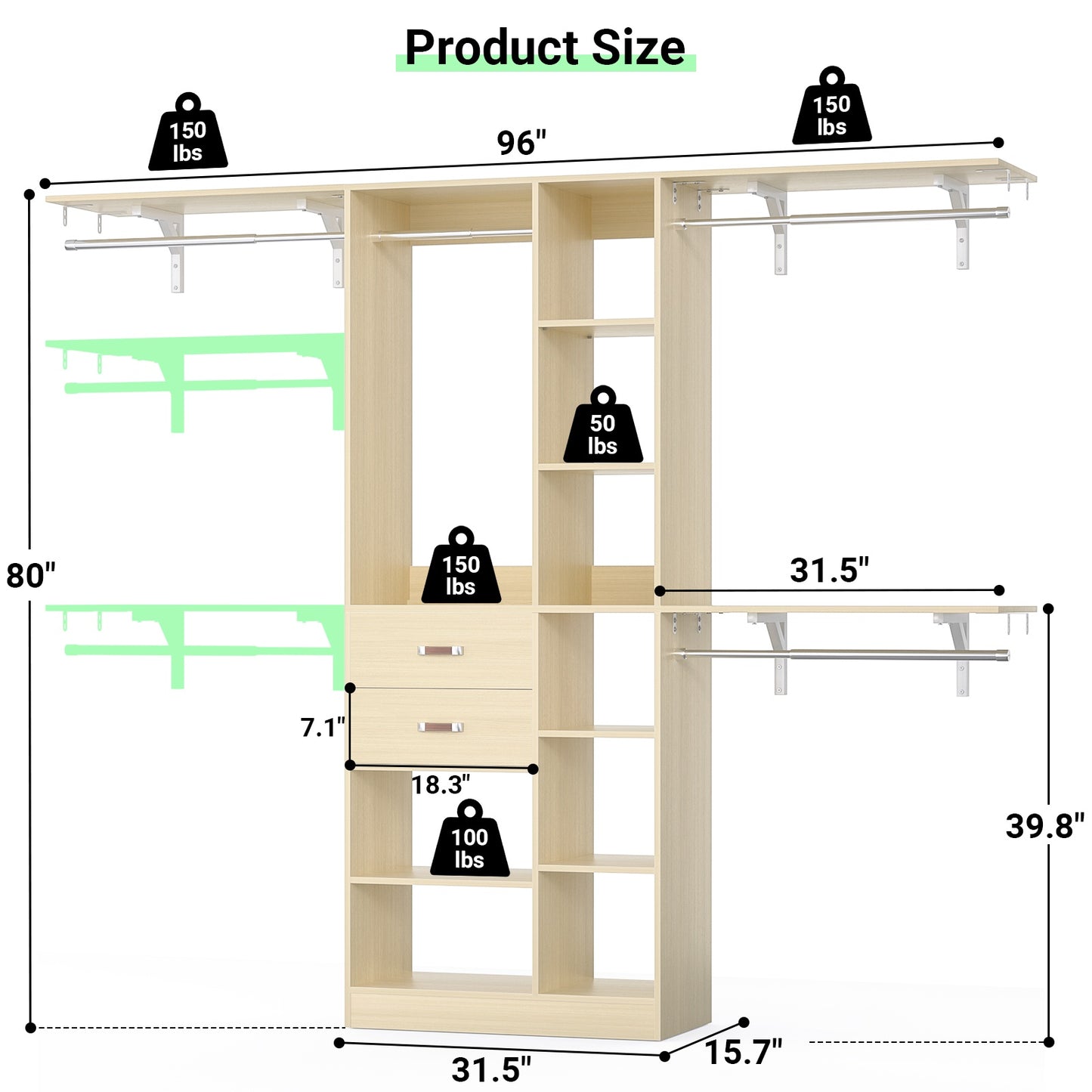 8FT Heavy Duty Wood Closet System, 1500 LBS+ Capacity Wall Mounted Walk-in Closet Organizer