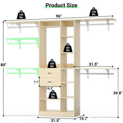 8FT Heavy Duty Wood Closet System, 1500 LBS+ Capacity Wall Mounted Walk-in Closet Organizer